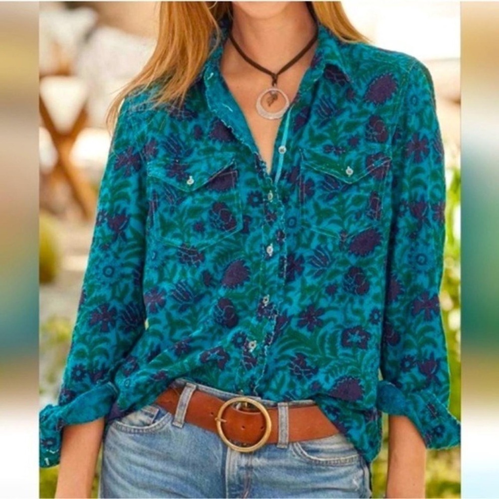 SOLD NWT Sundance Rhea Eyelet Detail Westin Button Down Floral Shirt Blue Sz Sm